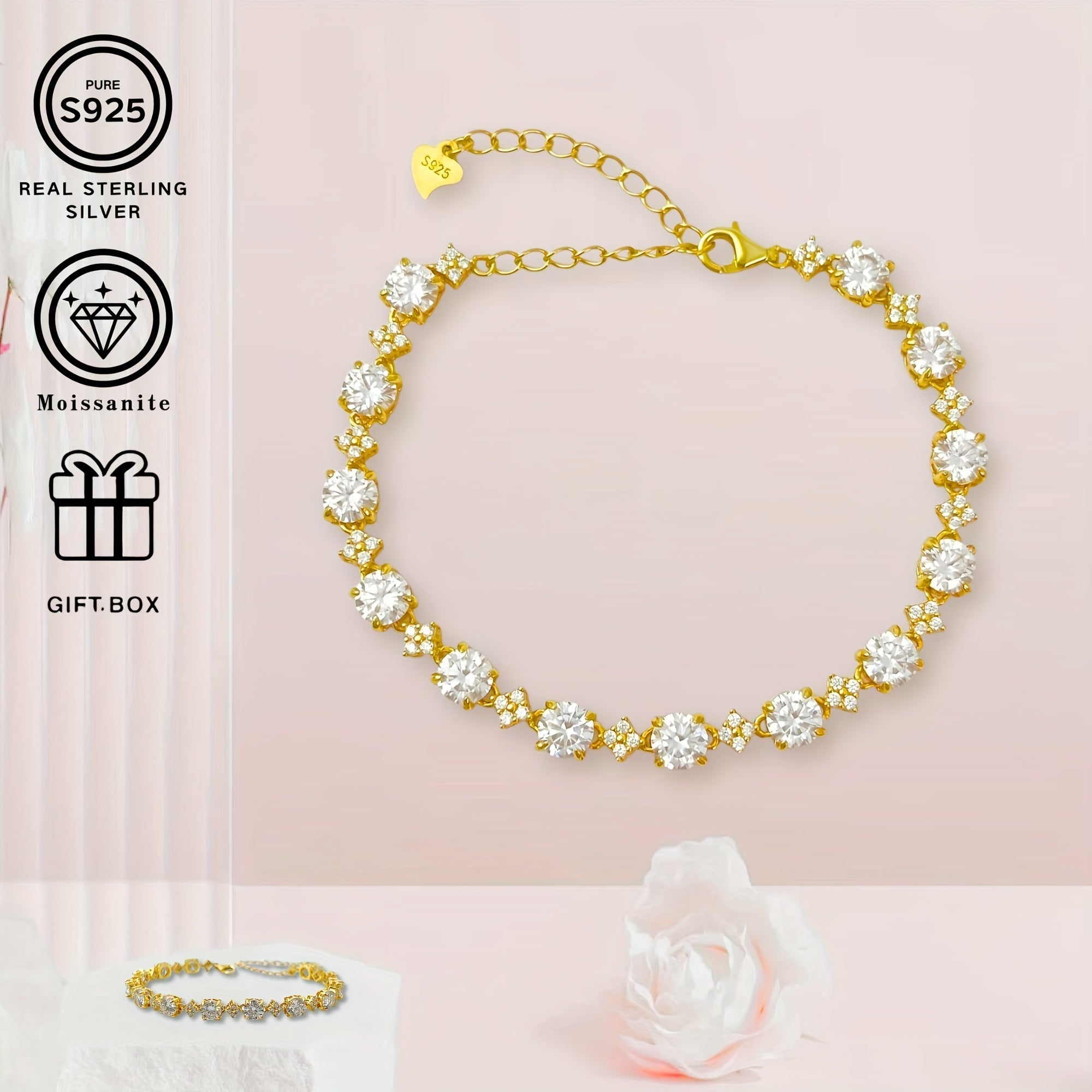 Silver Bracelet with Star-Shaped Moissanite 0.5ct and Gold Clasp for Women