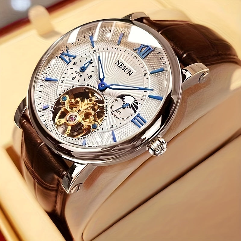 Men's Mechanical Watch Luminous Hollow Business Stainless Steel Leather Strap
