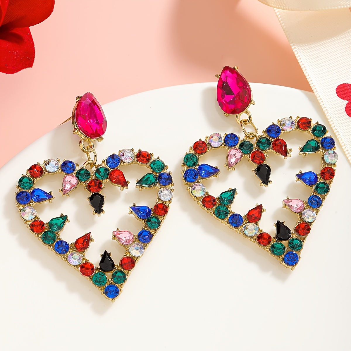 Pink and Red Heart-Shaped Rhinestone Drop Earrings for Valentine's Day Formal Occasion
