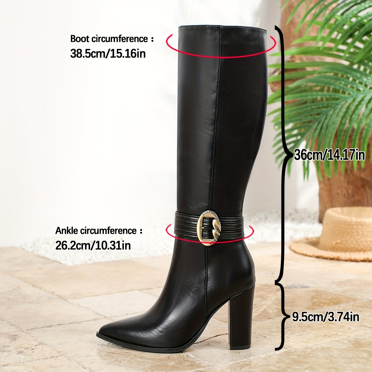 Women’s Winter Knee-High Boots Synthetic Cover Pointed Toe Chunky Heel Black