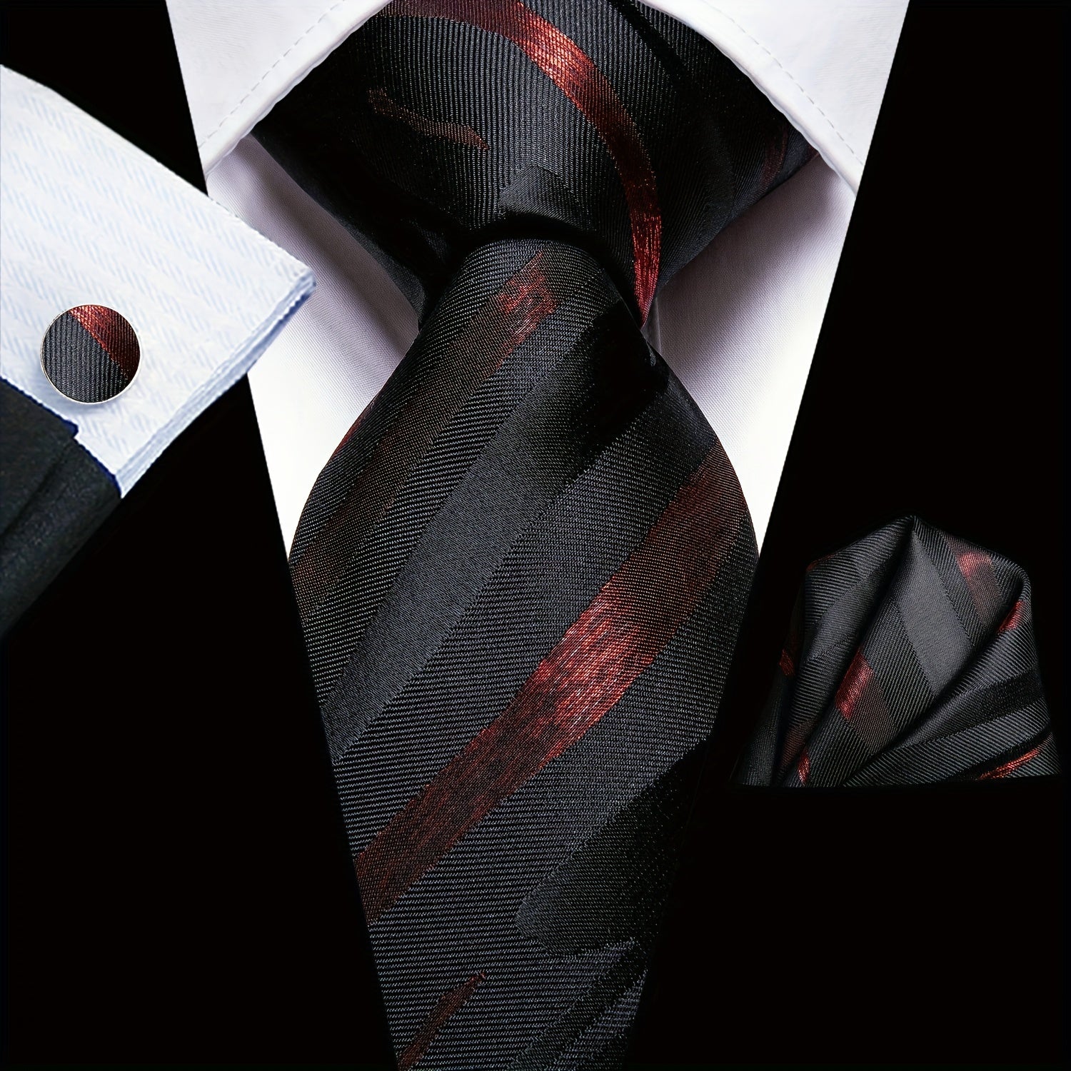 Men's Classic Necktie Set 160cm with Matching Hanky and Cufflinks for Business and Formal Events