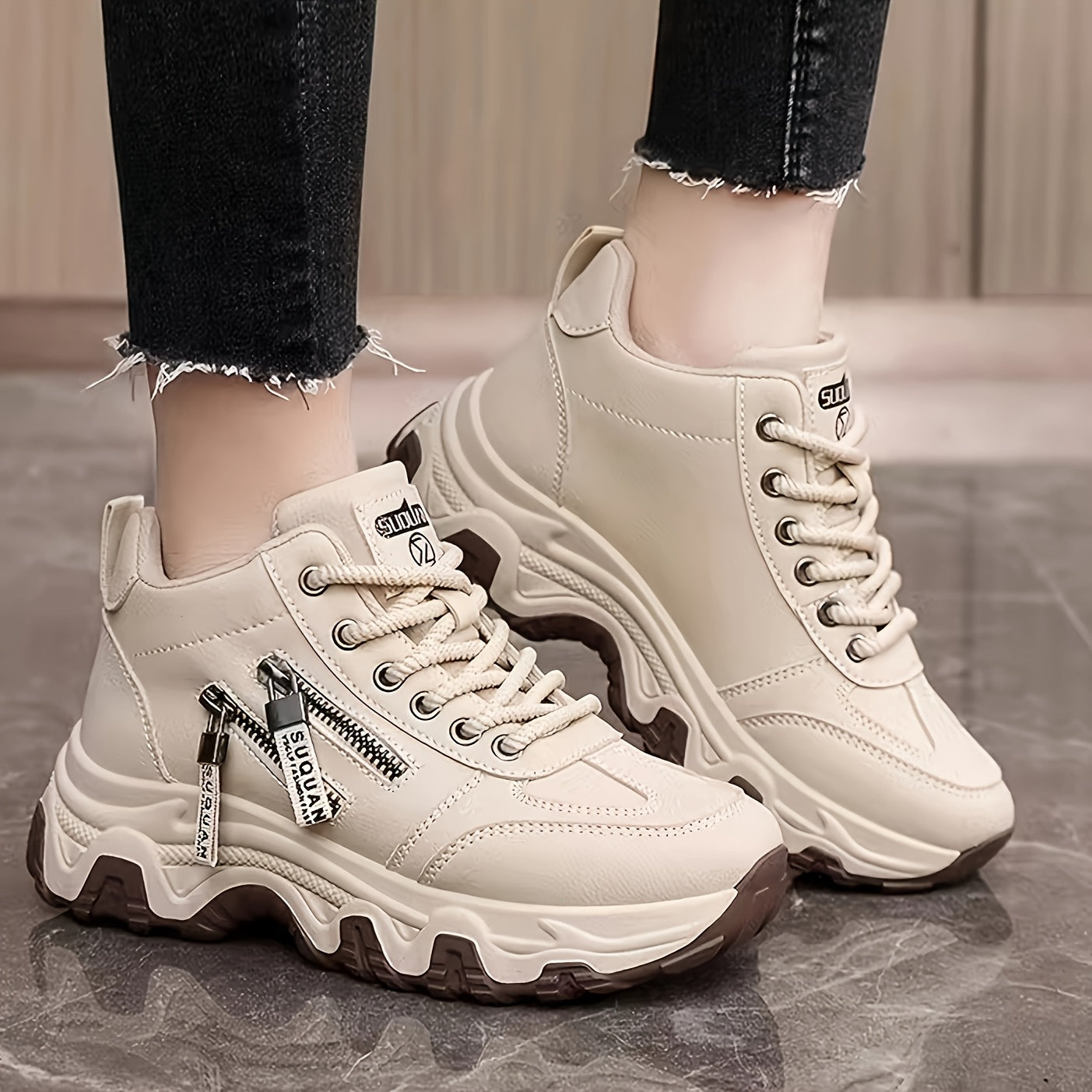 Women's White Platform Sneakers with Cushioned Sole and Chunky Design