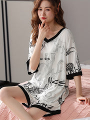 Women's Modal Pajama Set with Animal Print Short Sleeve V-Neck Top and Elastic Waist Shorts for Summer Lounge