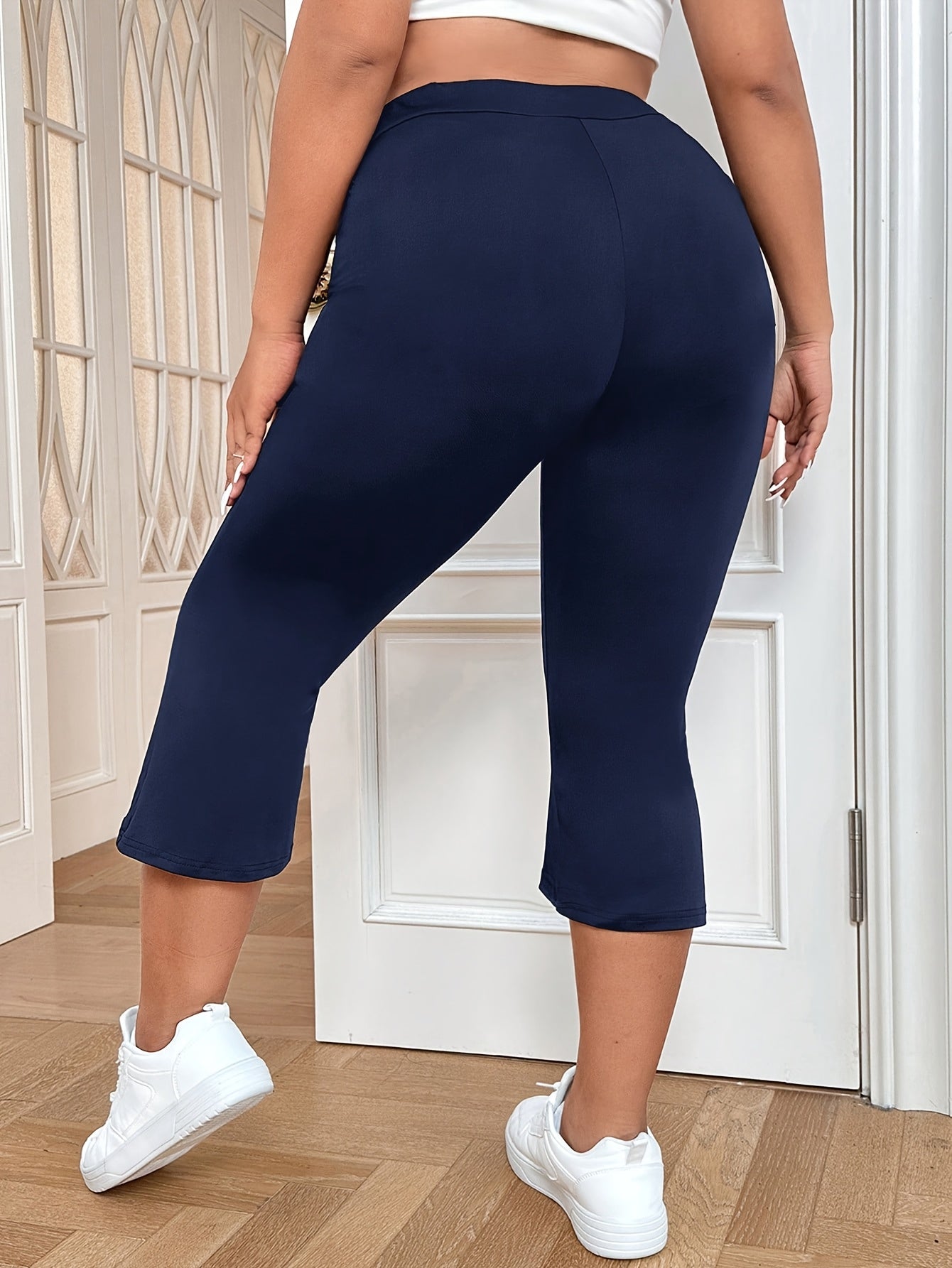Women's Plus Size High-Waist Flare Pants Breathable Stretch Pockets Blue