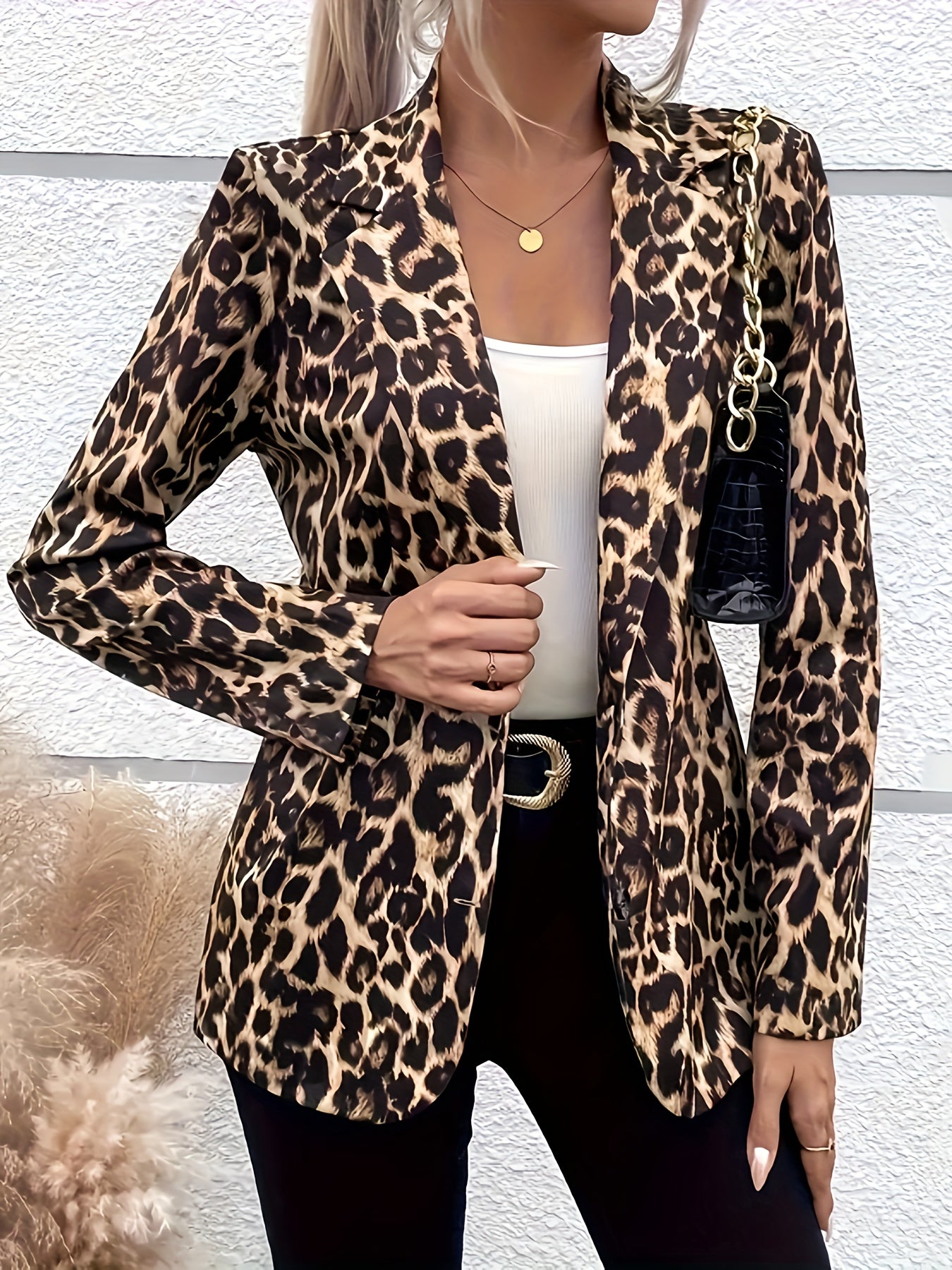 Women's Leopard Print Turnover Collar Suit Jacket Large Size Long Sleeve