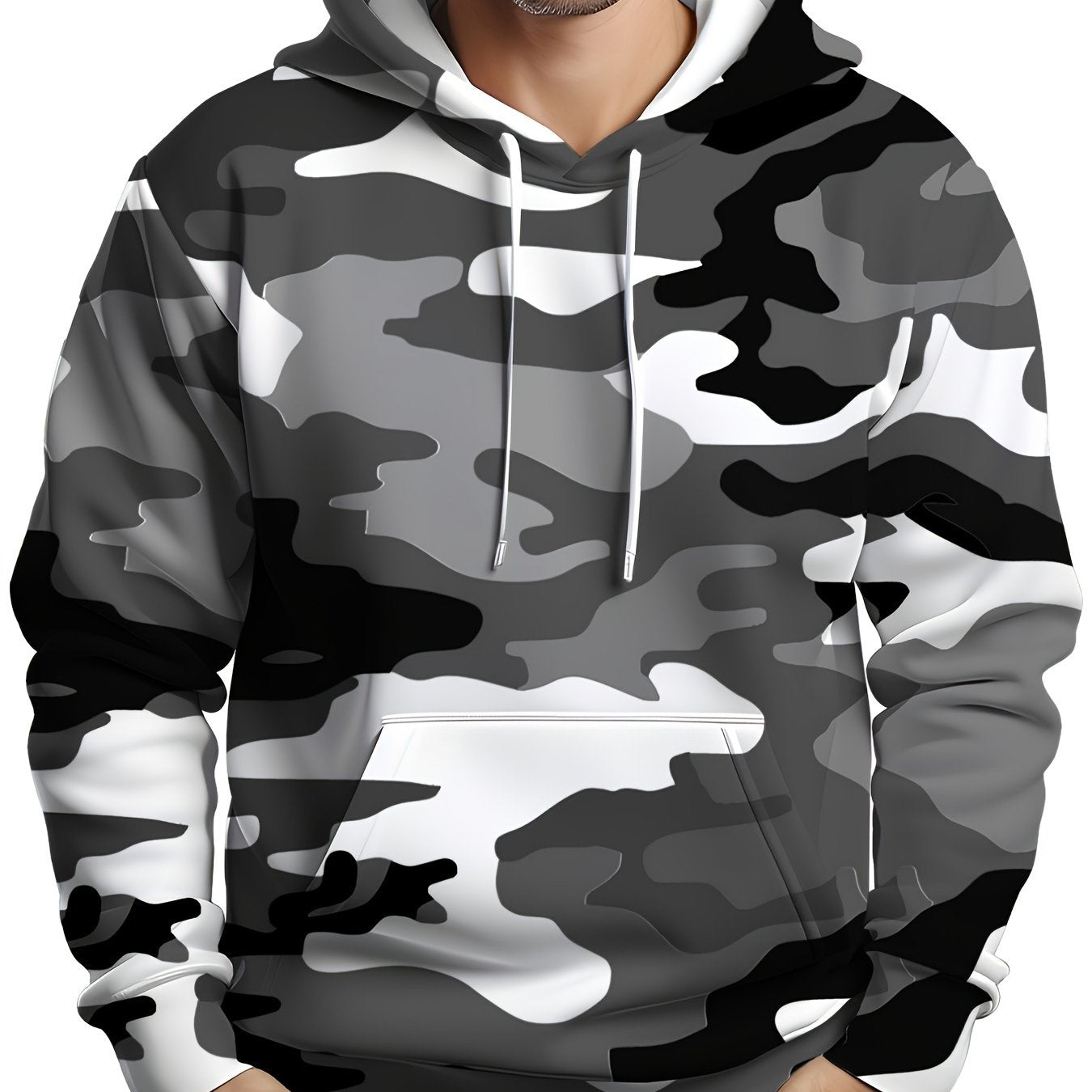 Men's Plus Size Camo Hoodie with Kangaroo Pocket Stretch Fabric Casual Sportswear