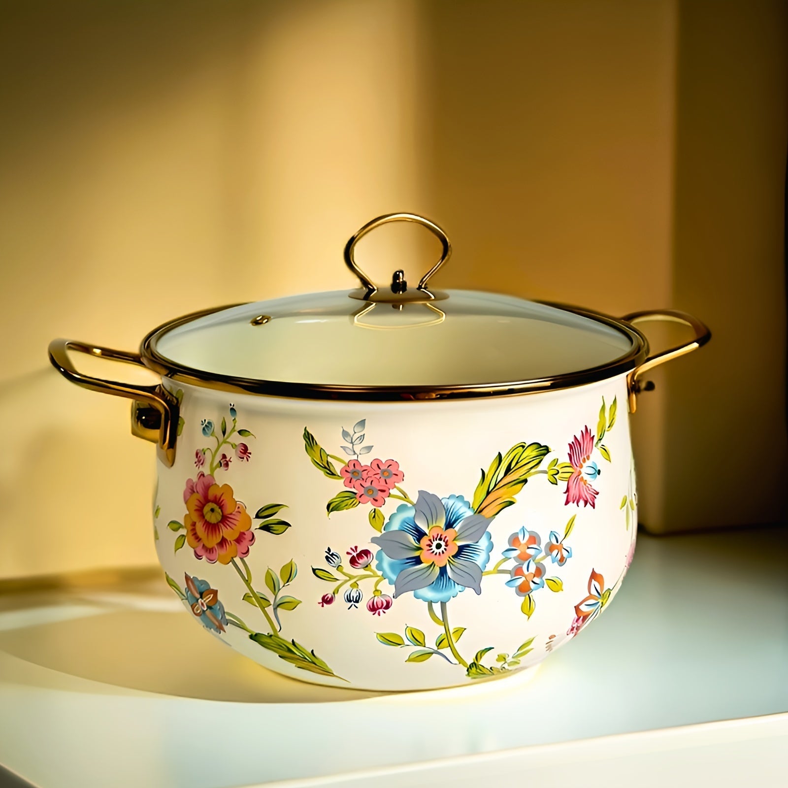 Enamel Double-Handled Soup Pot 5L Non-Stick Dishwasher Safe Floral Design