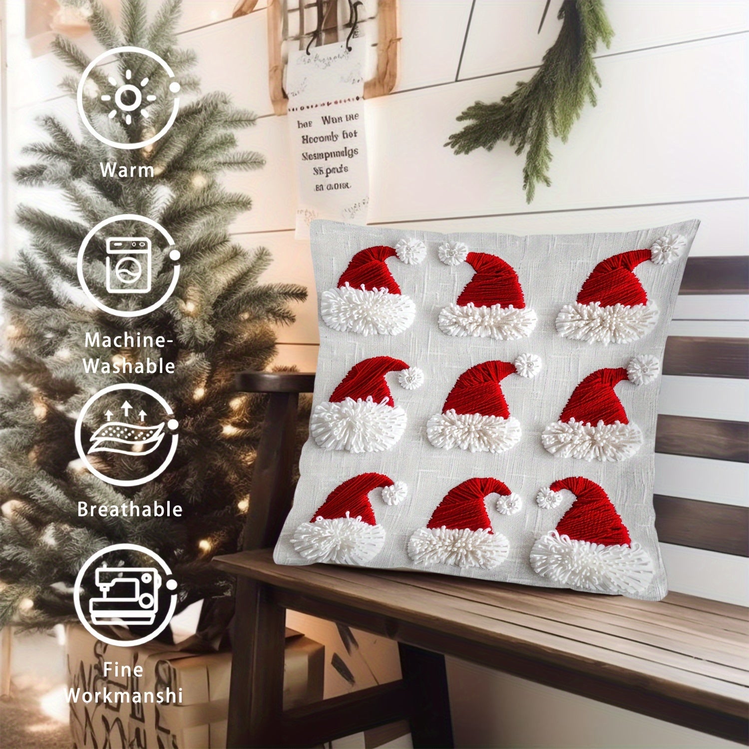 Christmas Santa Hat Throw Cushion Cover 44.96x44.96 cm Polyester Zipper Closure Single Sided