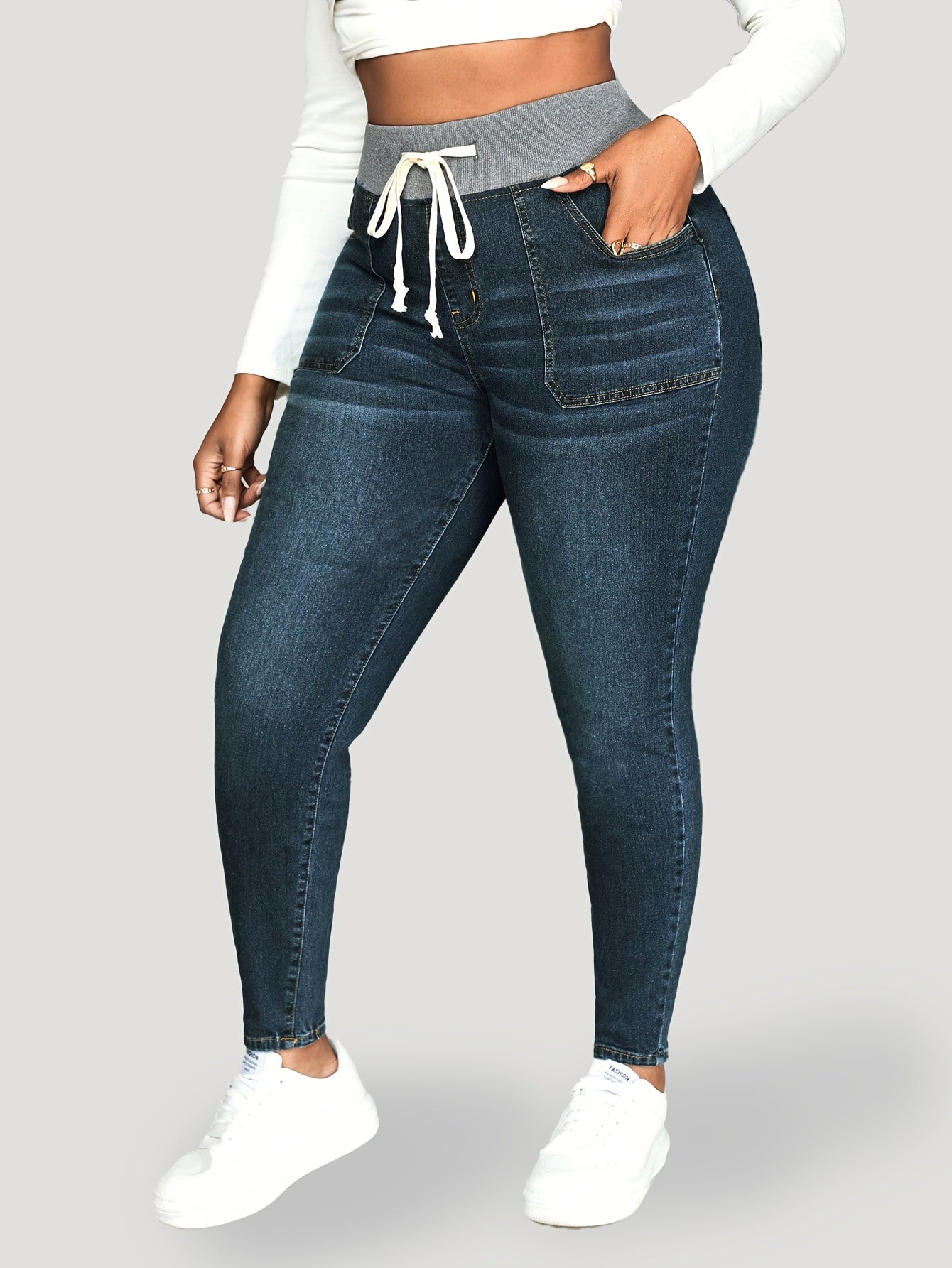 Women's Stretch Denim Jeans Slim Fit Light Blue with Elastic Waist