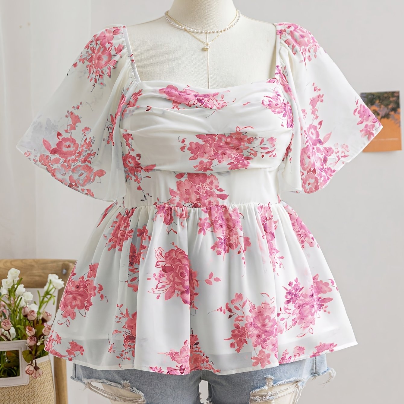 Plus Size Women's Floral Print A-Line Top Ruffled Neck Short Sleeve Polyester