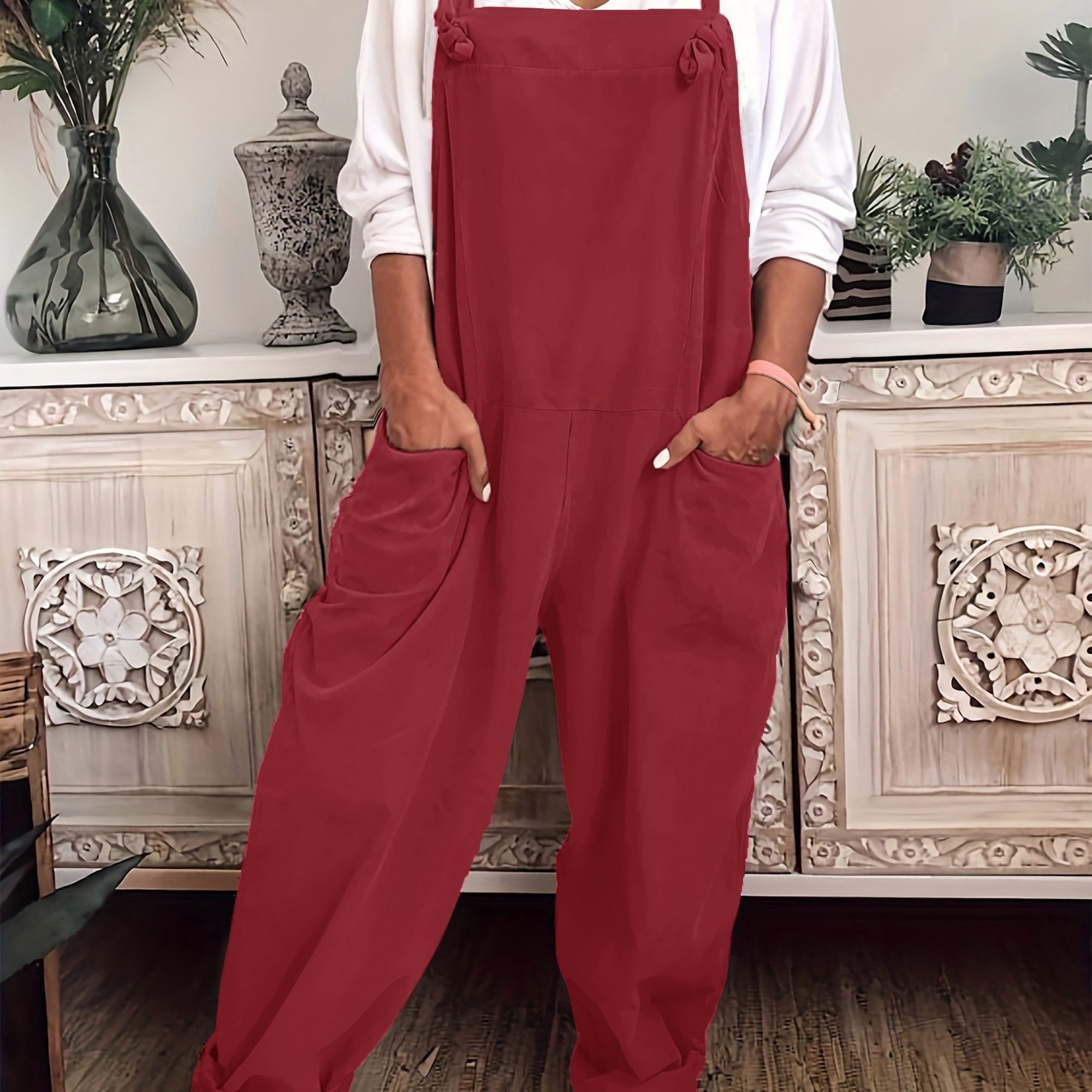 Plus Size Women Solid Knot Overall Jumpsuit Casual Summer Spring