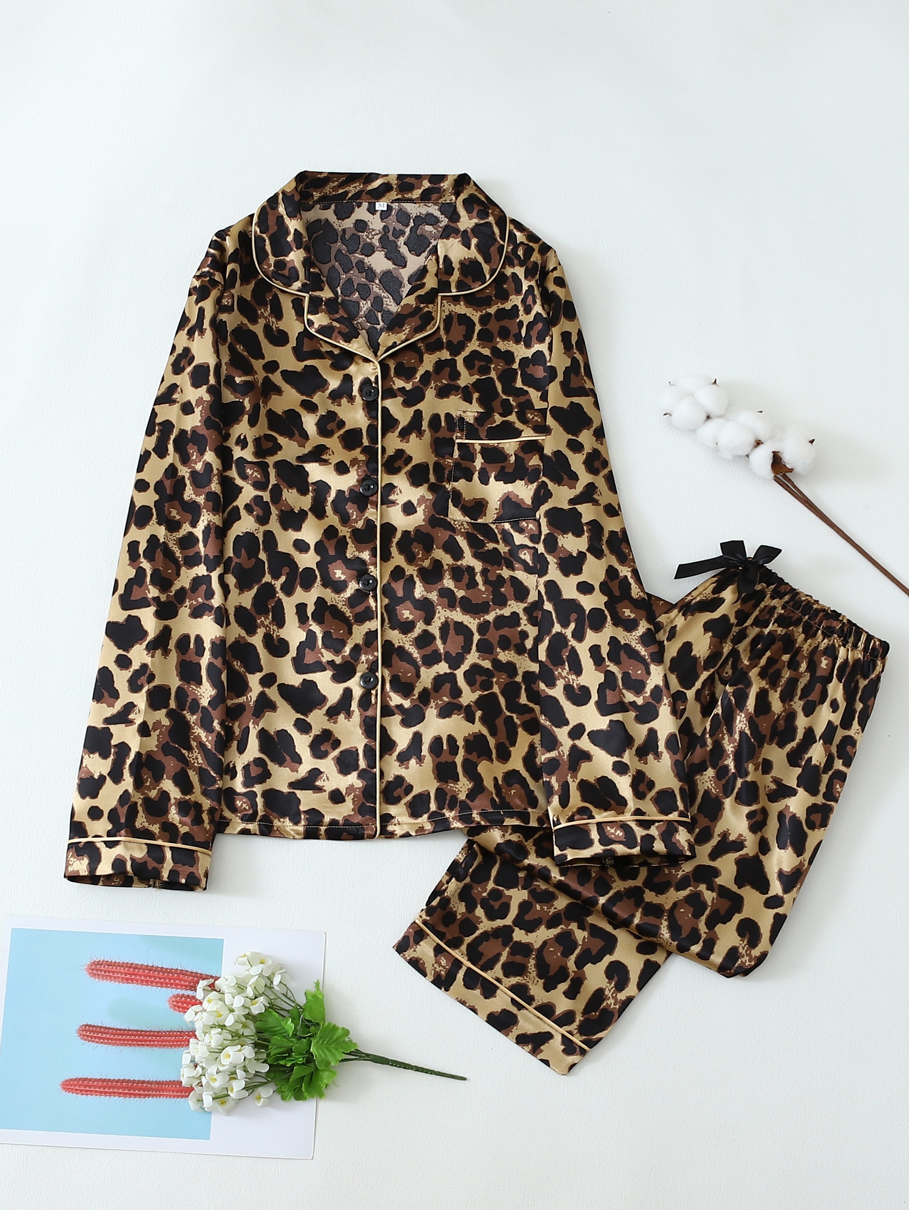 Teen Girl Leopard Print Pajama Set Long Sleeve Lapel Top Casual All-Season Soft Polyester