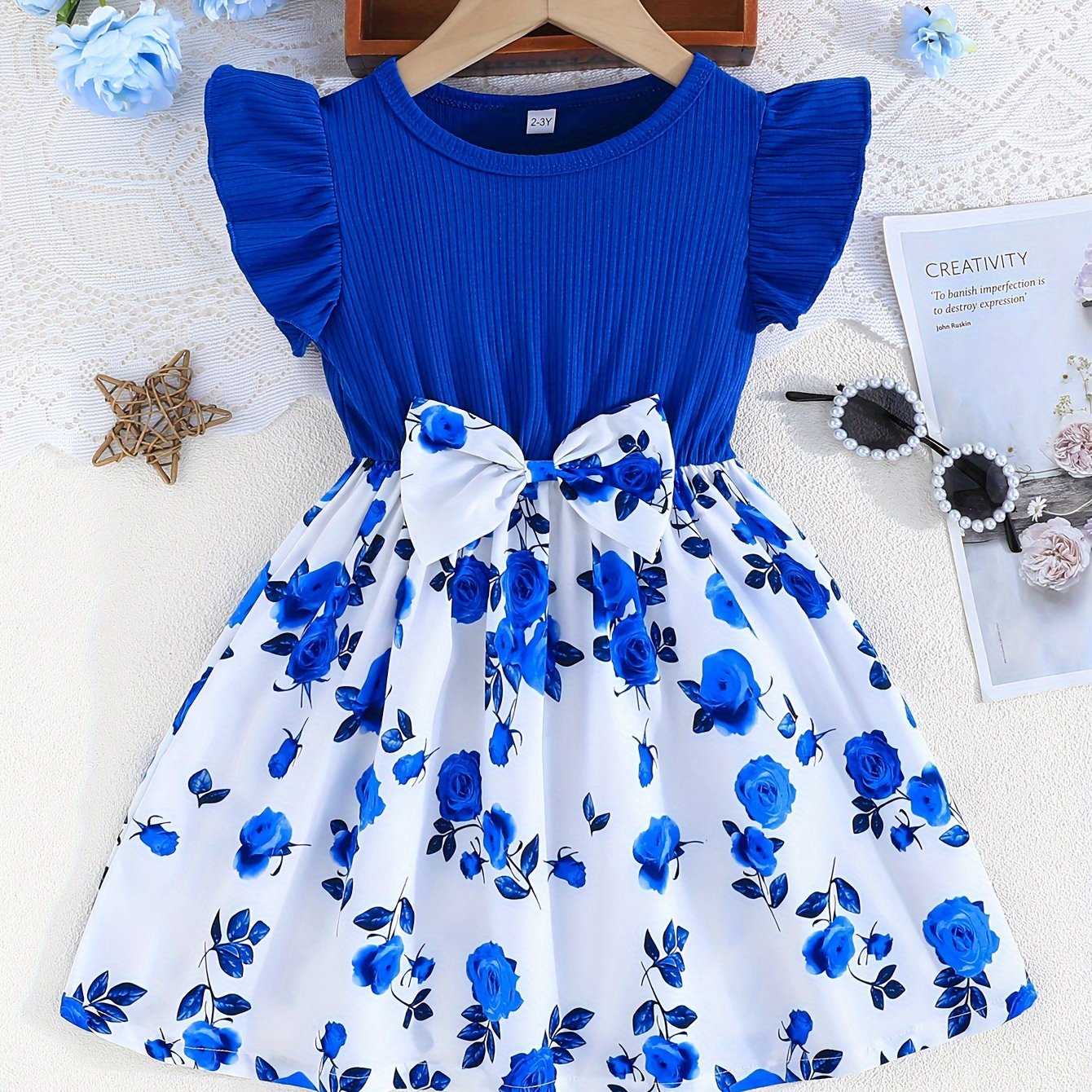 Girls Rose Print Dress with Ruffle Sleeves and Bow Waist for Casual and Outdoor Wear