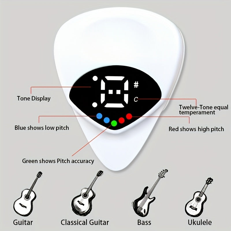 Guitar Tuner and Pick Combo Digital Display for Folk Guitar and Ukulele White Plastic