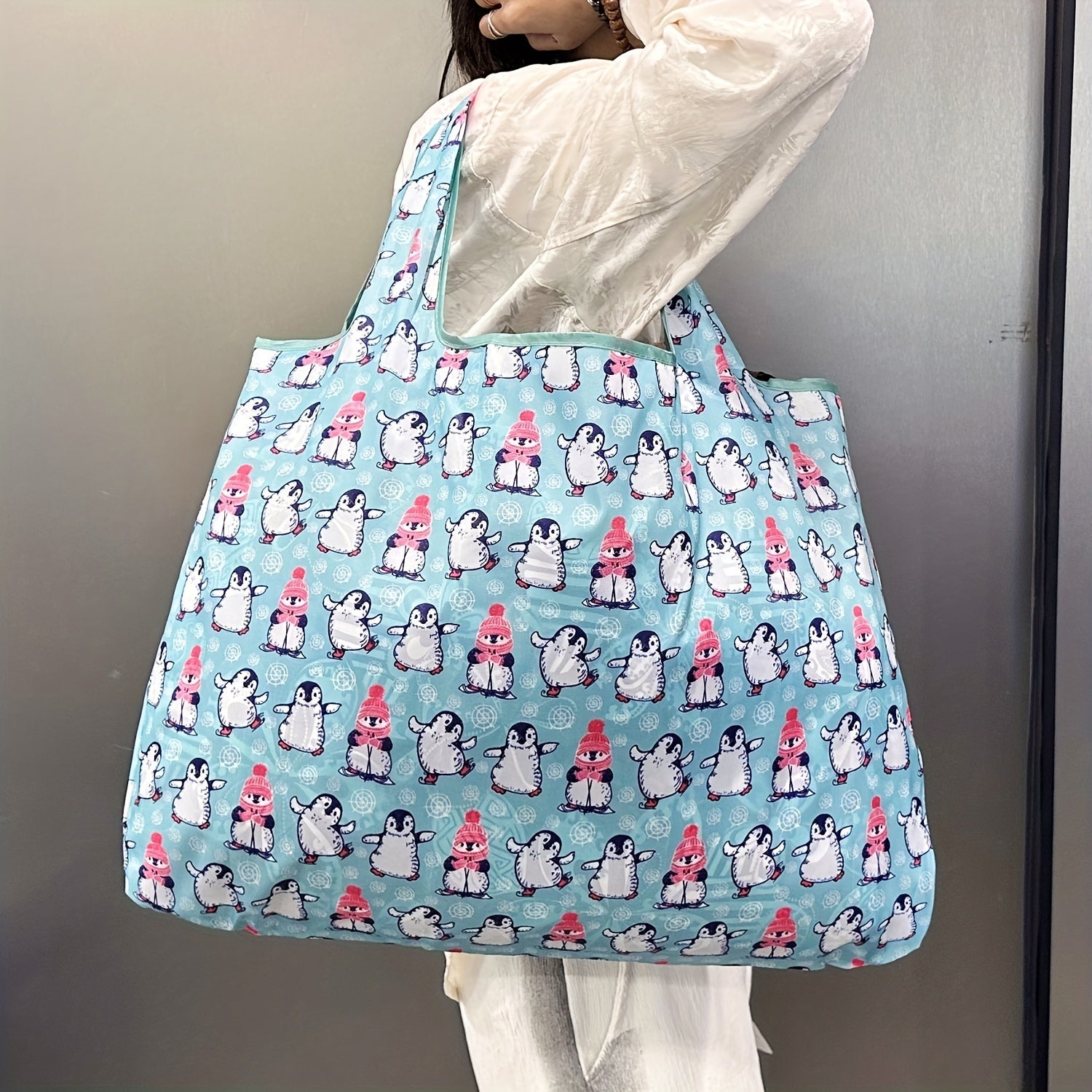 Lightweight Penguin Pattern Tote Bag Reusable Water-Resistant Shopping Grocery