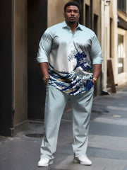 Plus Size Men's Knit Set Casual Striped Wave Pattern with Pockets Polyester Blend