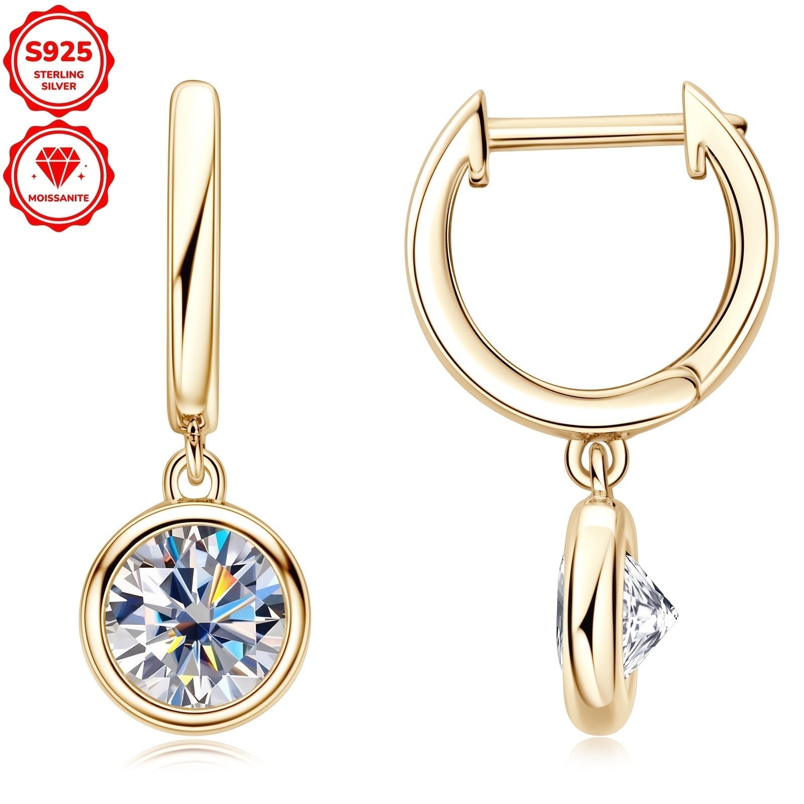 Ikkita nafis Moissanite taqinchoqlari, 2.52g kumush vazn bilan. Har biri 6.5mm bo'lgan ikki Moissanite toshi, jami 1.0 karat, 925 Sterling Silverda o'rnatilgan. Ushbu dumaloq Moissanite taqinchoqlari har qanday kiyimga joziba qo'shish uchun mukammaldir.