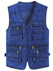 Plus Size Men's Denim Vest Casual Outdoor Wear with Pockets V-Neck Machine Washable