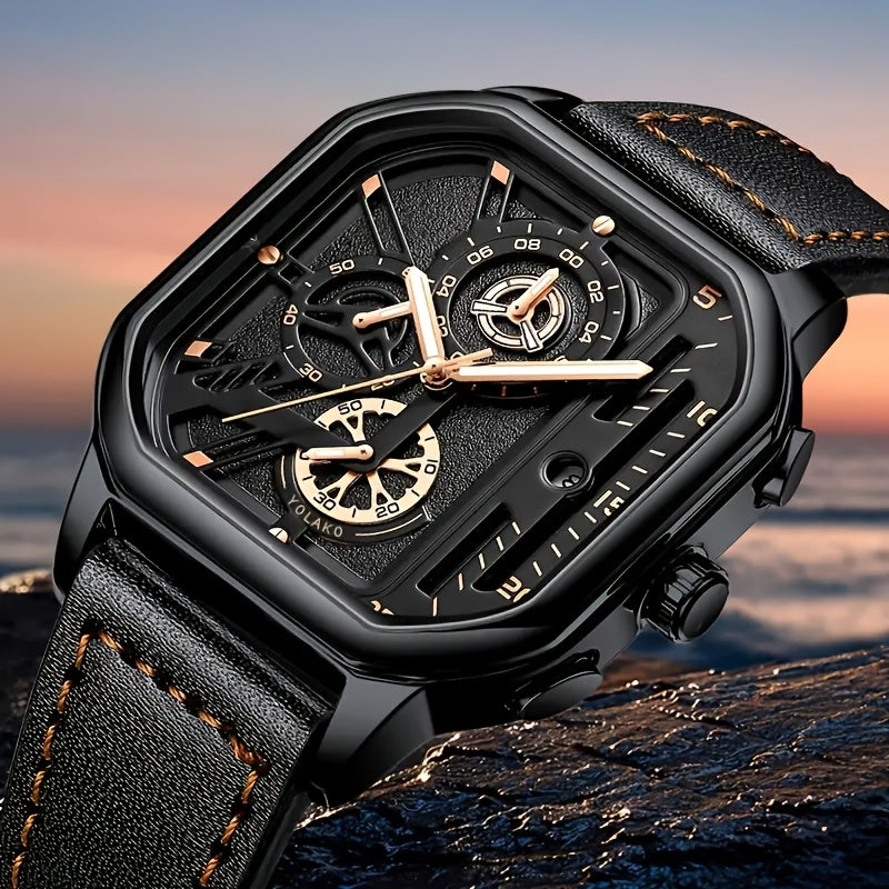 Men's Sports Watch Quartz Square Alloy Case Faux Leather Strap Non-Waterproof Calendar