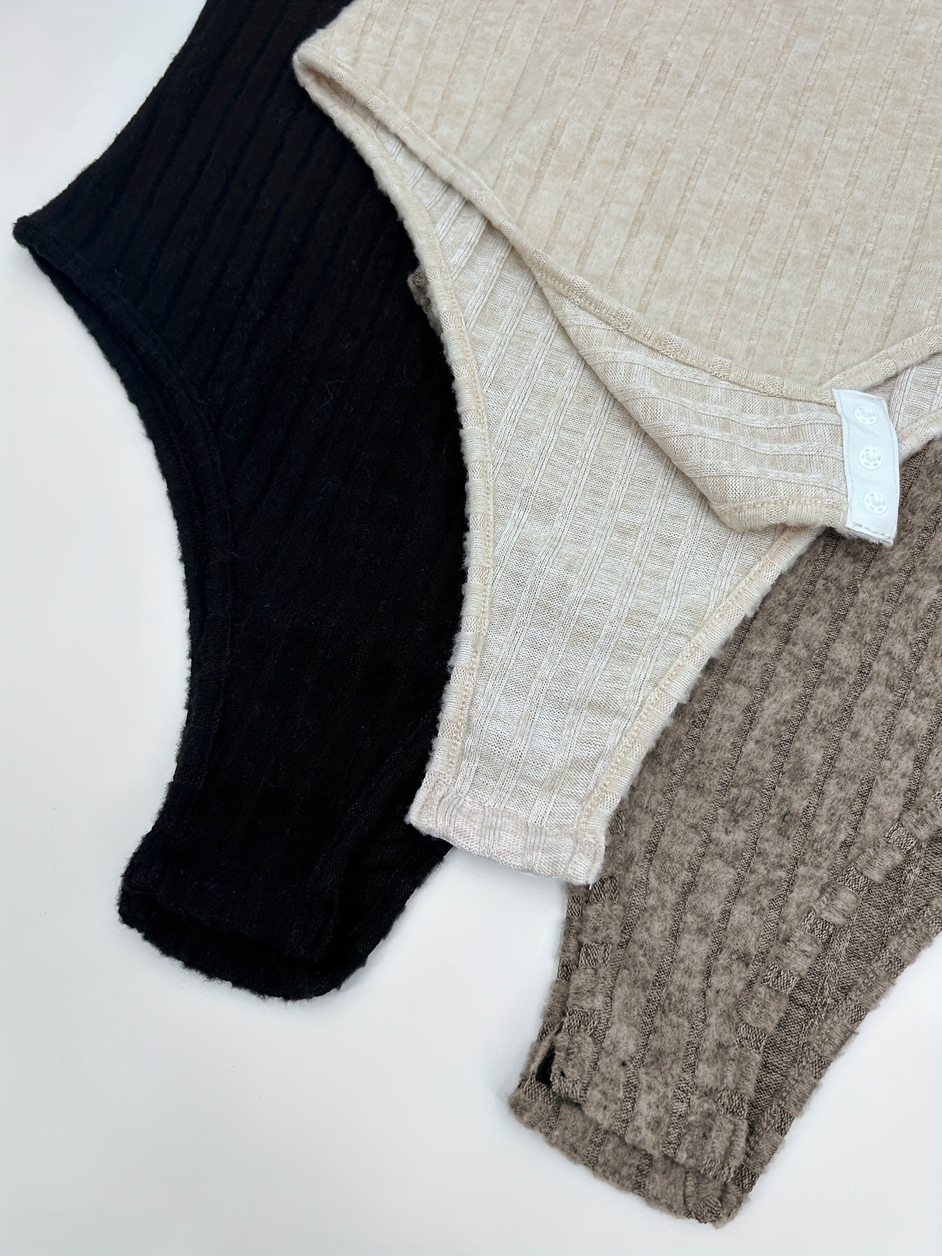 Women's Plus Size Ribbed Long Sleeve Bodysuit 3 Pack Solid Black White Navy