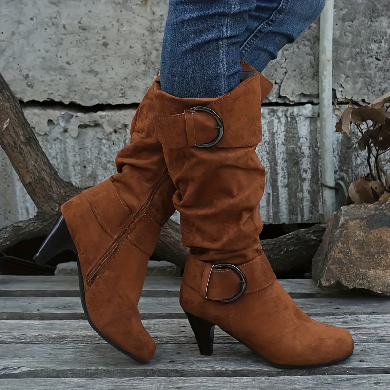 Women's Leather Knee-High Boots with Buckle Strap Side Zipper Chunky Heel