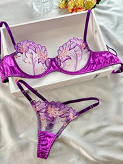Women's Floral Embroidered Sheer Lingerie Set with Low Cup Non-Padded Bra and G-Strings