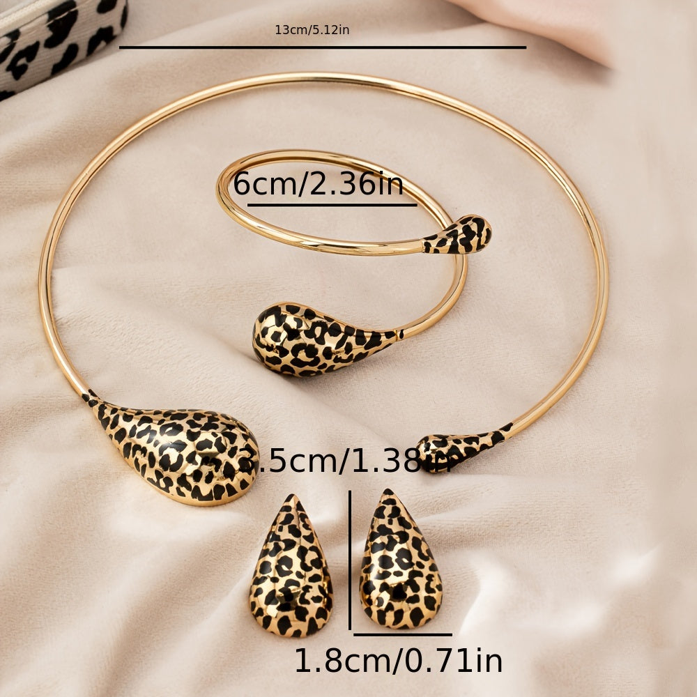 Women's Leopard Print Jewelry Set with Collar Bangle and Stud Earrings