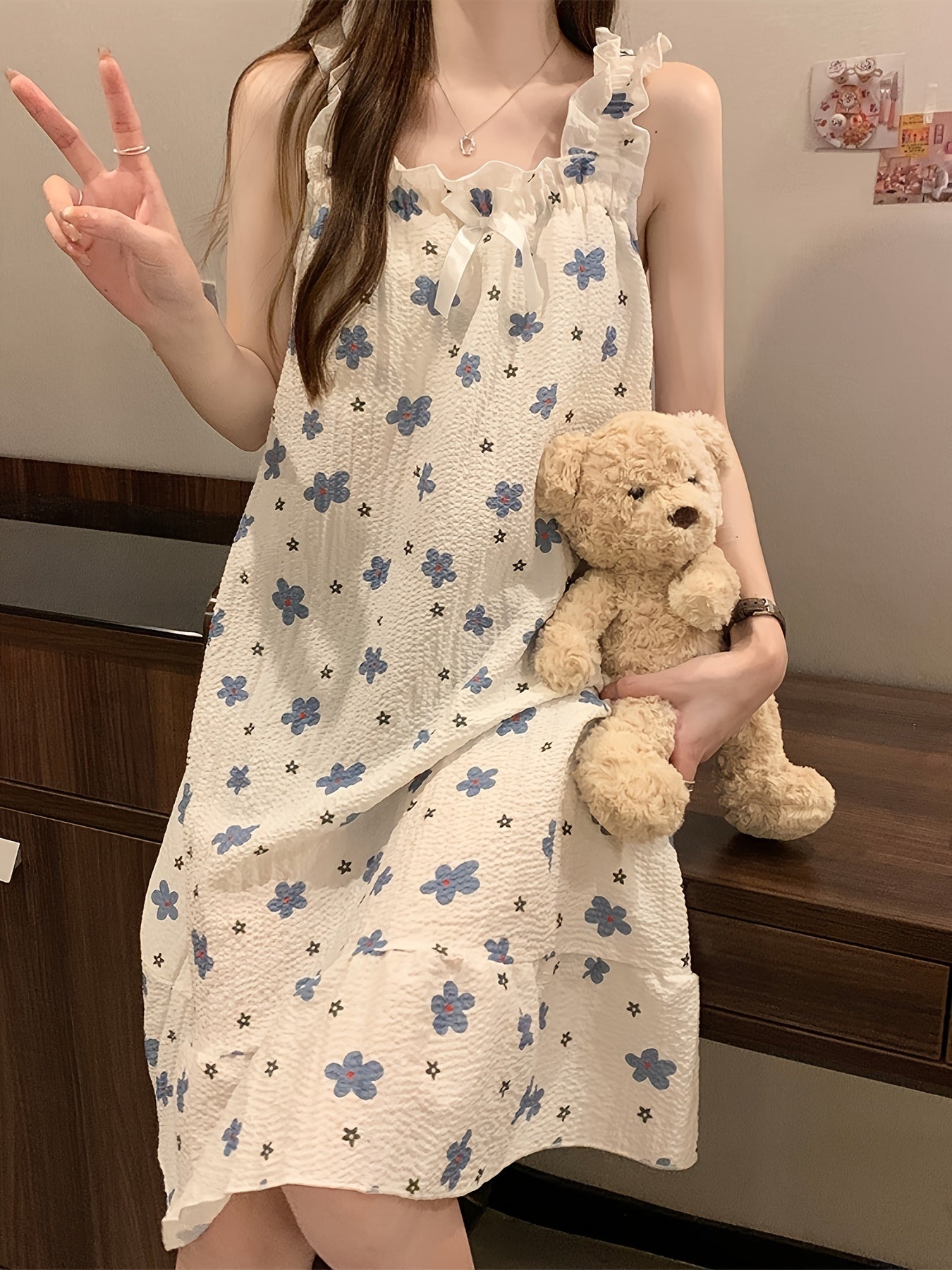 Women's Floral Textured Nightgown with Off-Shoulder Bow and Ruffle Trim Summer Sleepwear