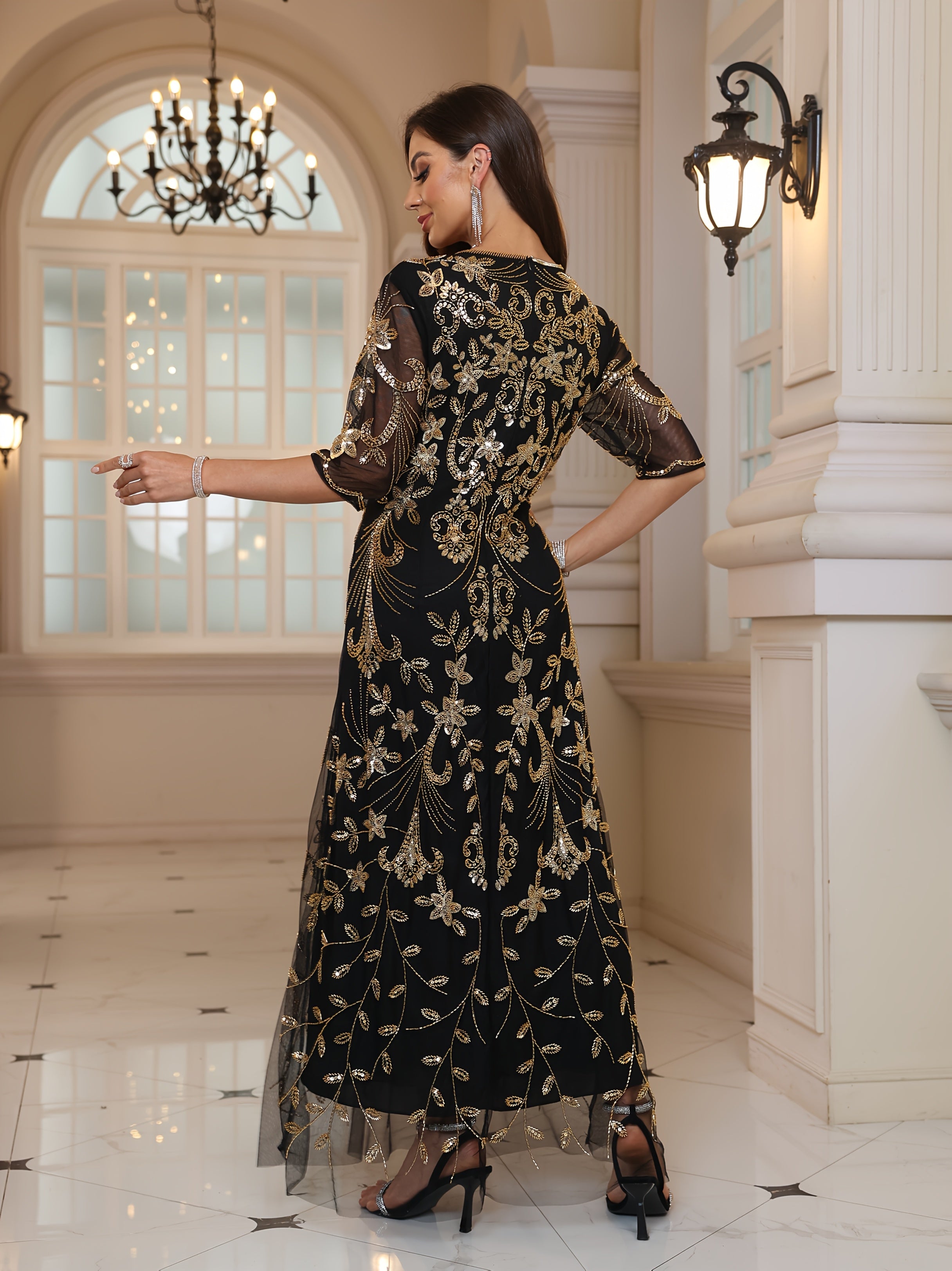 Women's Geometric Maxi Dress Black Gold Floral Formal Gown