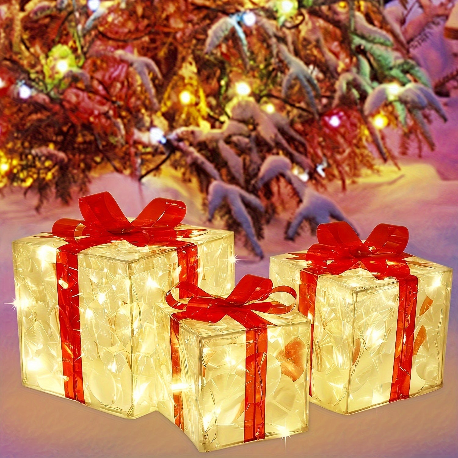 Set of 3 Christmas Lighted Gift Boxes with Warm White Lights and Red Bows for Outdoor Decorations