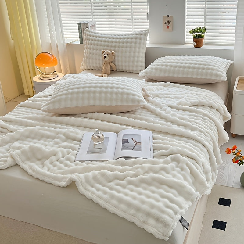 Soft Bubble Fleece Blanket Cozy Warm Plush Throw for Sofa Bed Camping 250gsm