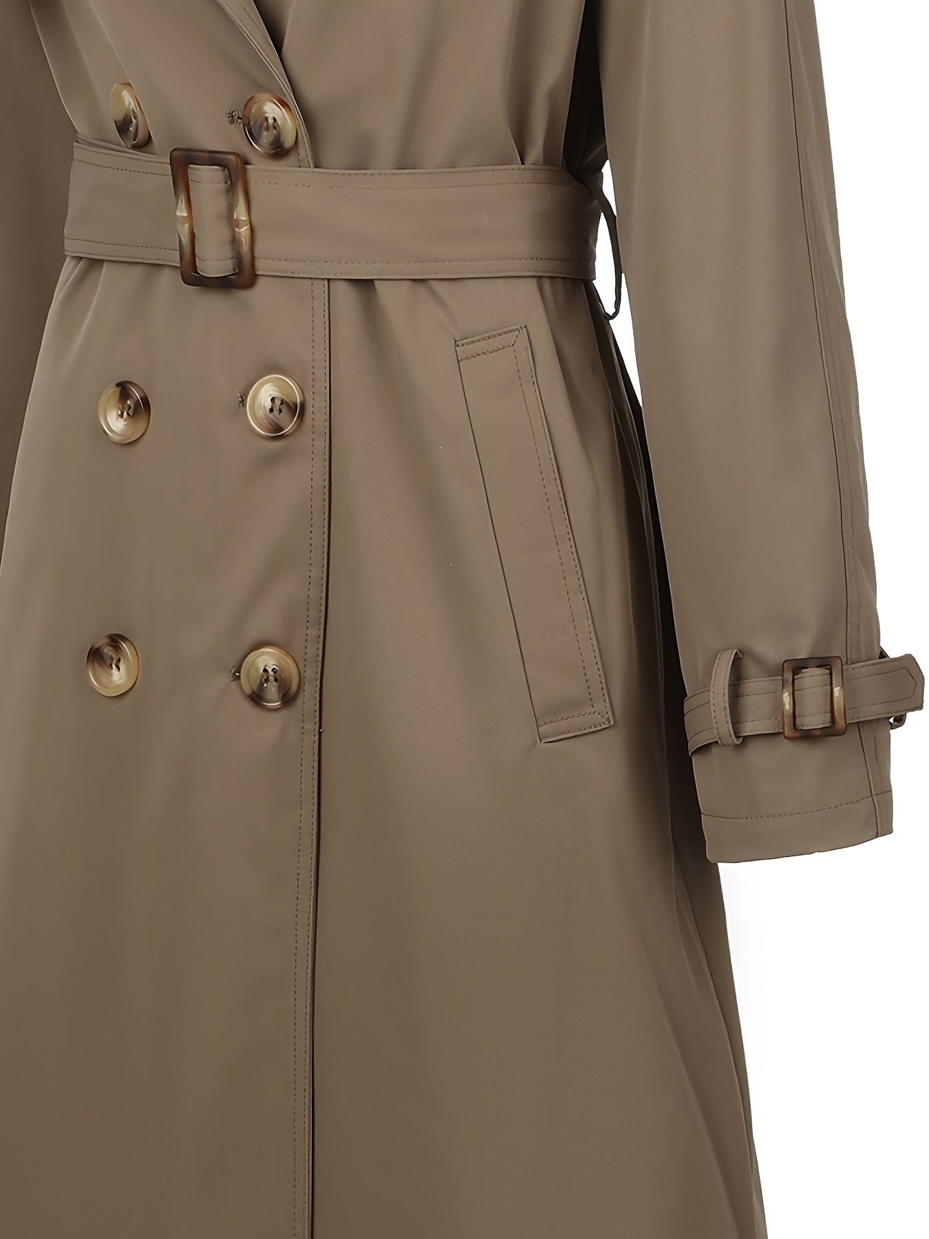 Women's Beige Polyester Trench Coat with Belt, Mid-Length, Double-Breasted for Fall and Winter