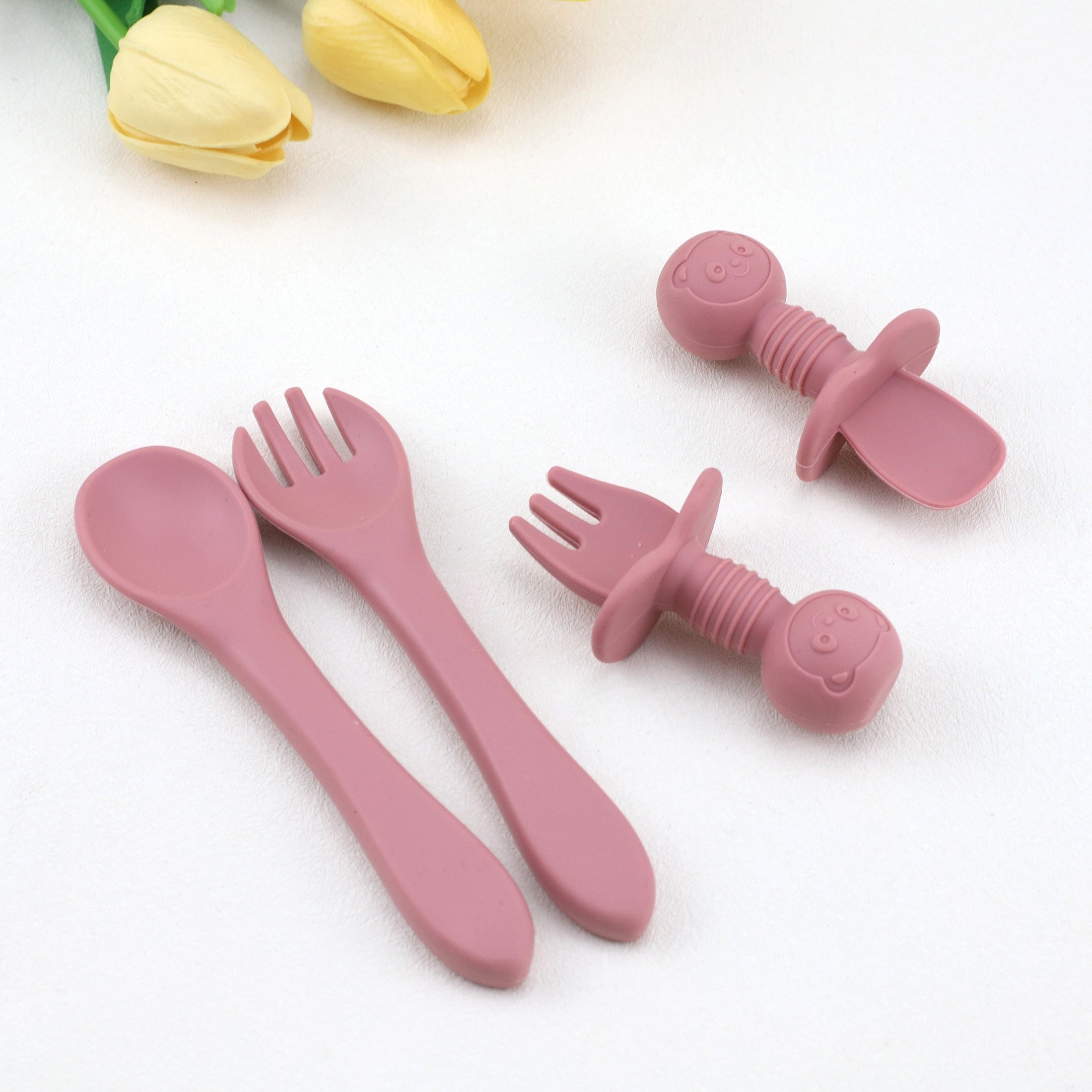 9-Piece Silicone Baby Tableware Set with Bib Plate Bowl Cup Spoon Fork