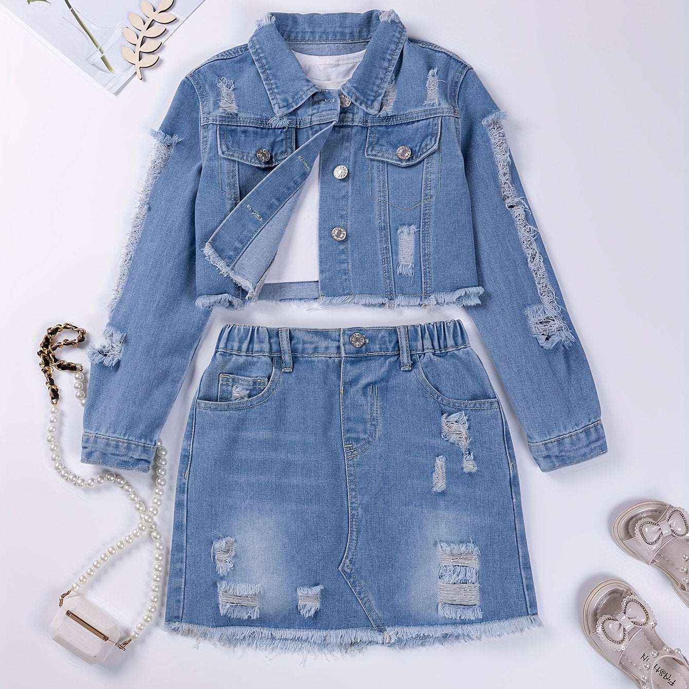 Girls Ripped Denim Set with Long-Sleeve Jacket and Skirt for Outdoor Wear