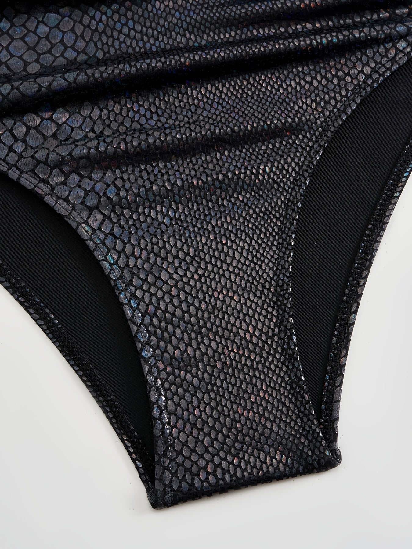 Women's Black One-Piece Swimsuit Deep V-Neck High Cut Snakeskin Pattern Ruched Waist Glossy Stretch