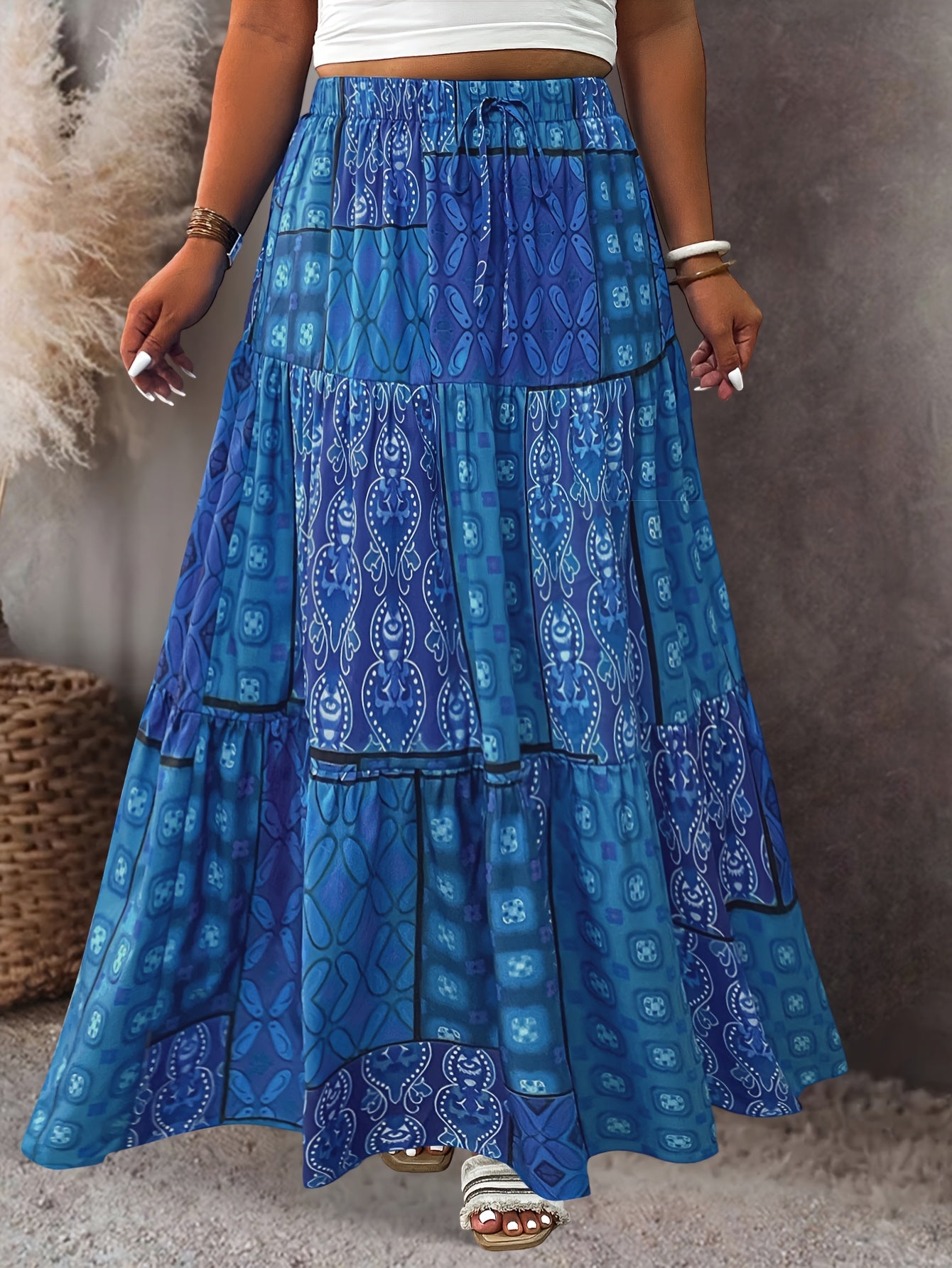 Plus Size Women's Pleated Midi Skirt with Blue Floral Print Adjustable Waist