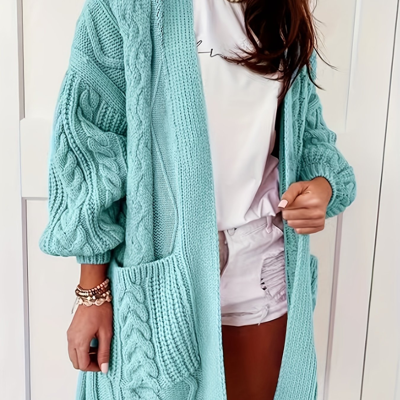 Women's Plus Size Cable Knit Cardigan Long Sleeve Open Front Pocketed Sweater