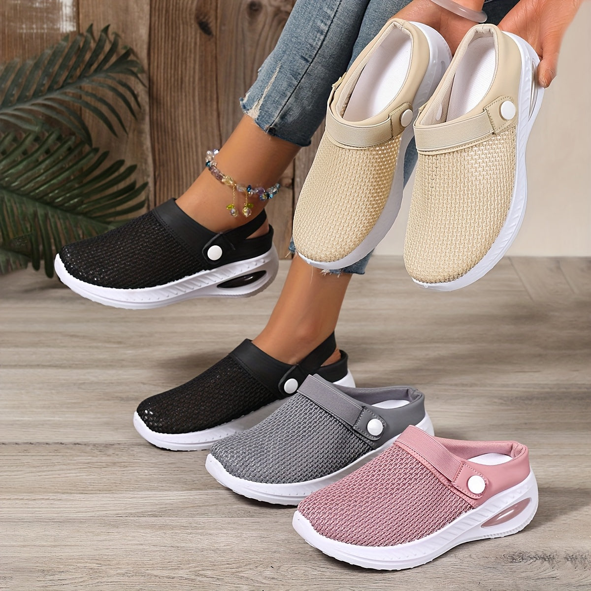 Women's Casual Breathable Slip-On Sports Slippers Wide Fit Solid Color