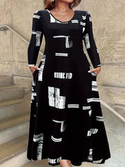 Plus Size Long Sleeve Crew Neck Dress with Pockets Patchwork Knit Fabric All-Season