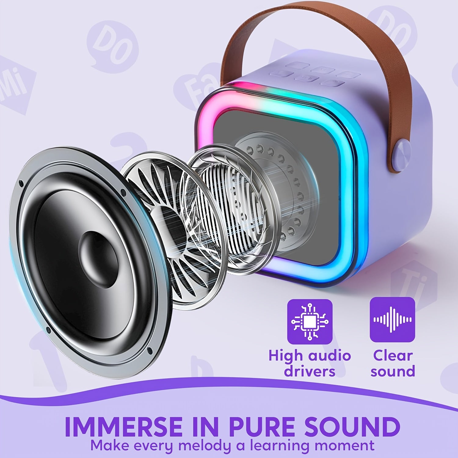 Портативная караоке-машина для взрослых с 2 беспроводными микрофонами, RGB подсветкой, поддержкой TF-карт/USB, упаковкой в подарочной коробке фиолетового/черного цвета. Совместима со всеми смартфонами.