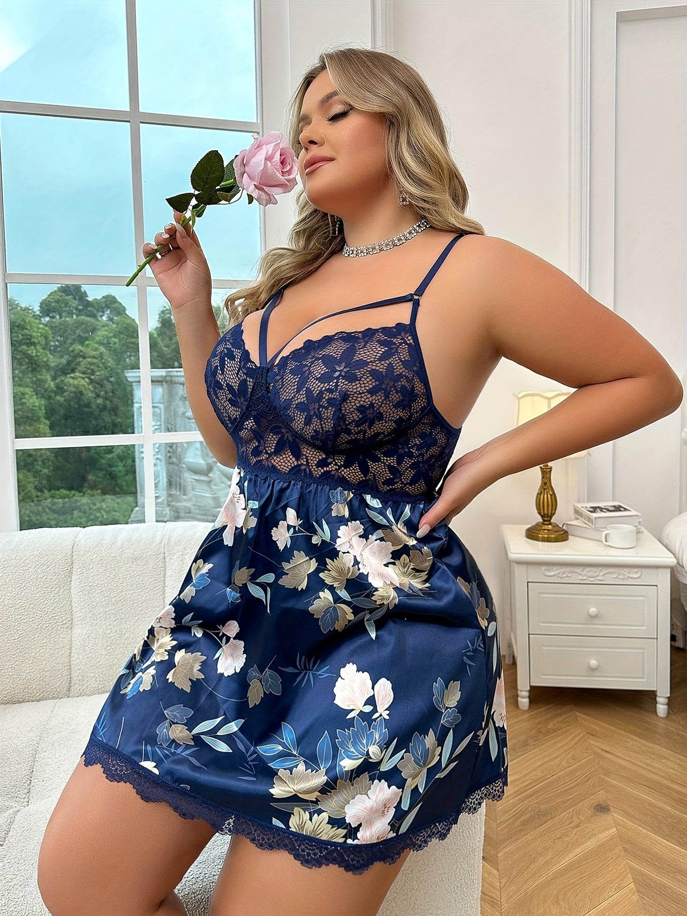 Plus Size Womens Sleepwear Set Spliced Print Nightgown and Thong Panty