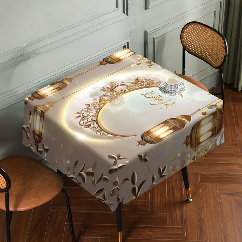Eid Al Fitr Polyester Square Waterproof Stain-Resistant Tablecloth with Golden Moon and Lantern Pattern