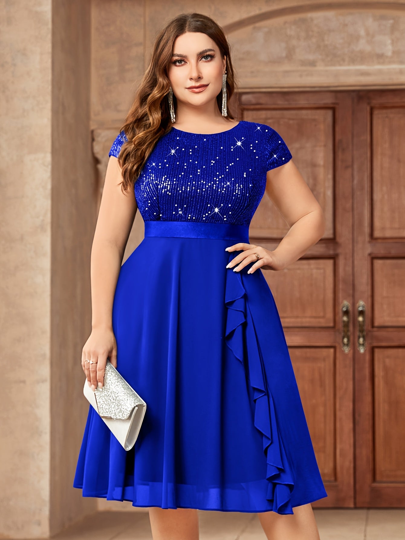 Plus Size Women's Sequin Dress with Ruffle Short Sleeve Party Wear