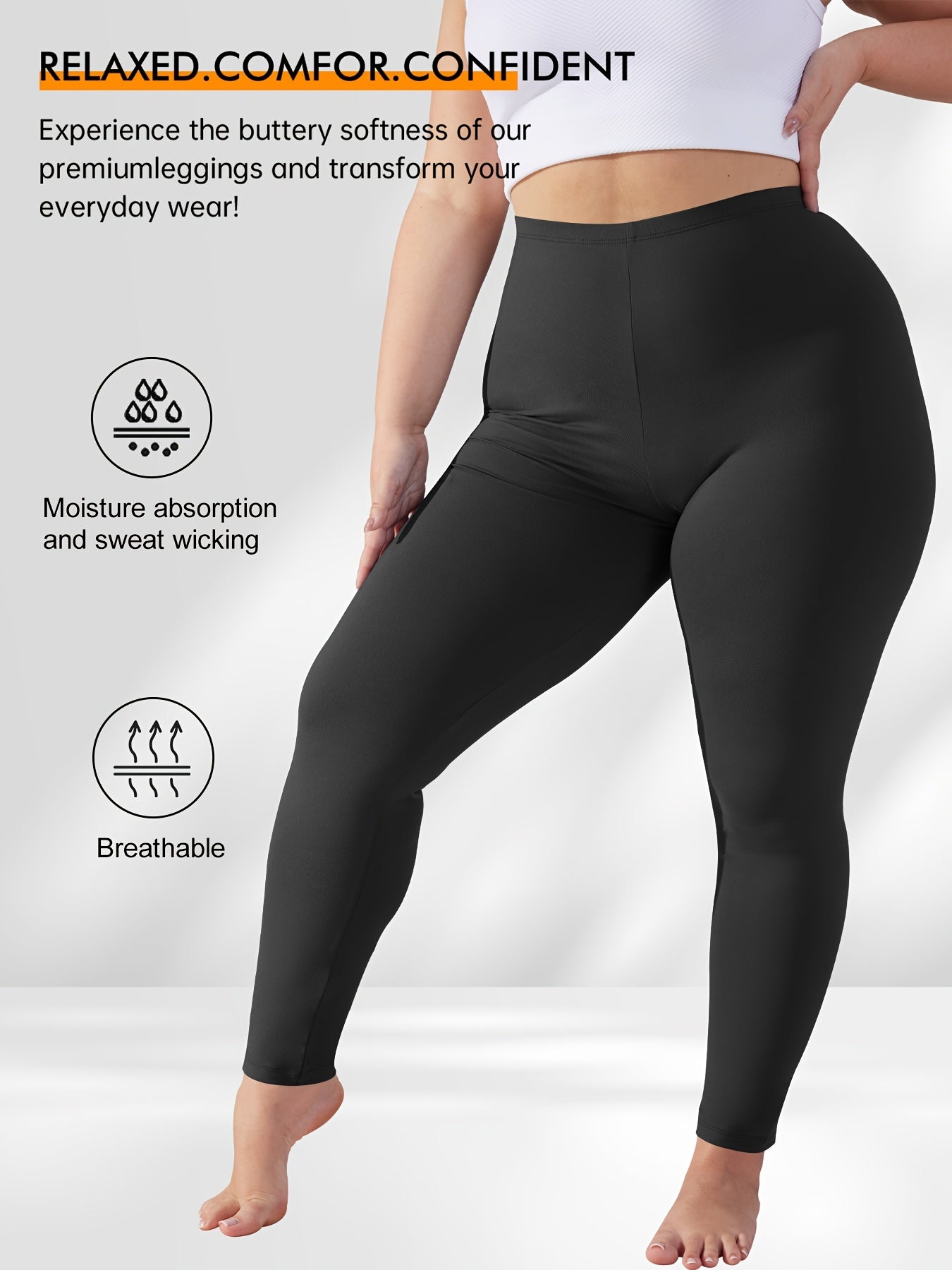 Plus Size High Waist Leggings 7/8 Length Opaque Stretchable Solid
