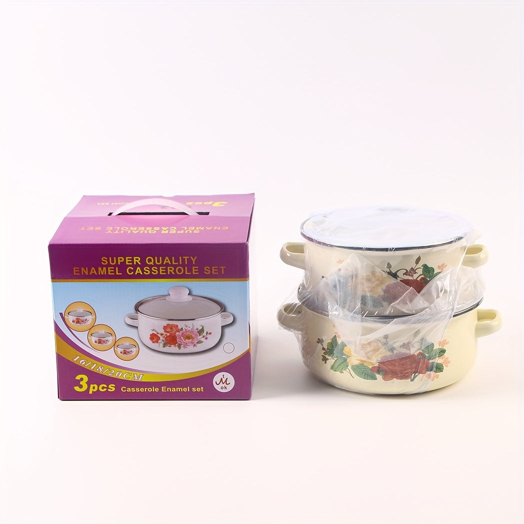 Set of 3 Enamel Cookware with Glass Lids for Soups and Stews Gas Stove Compatible