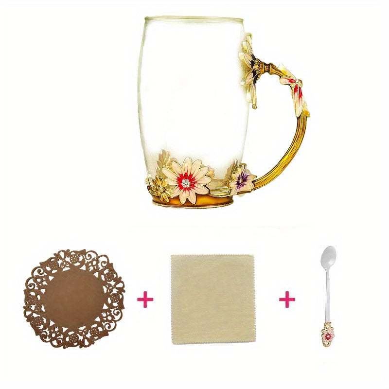 11.8oz Glass Tea Cup Set with Coaster and Spoon Elegant Flower Pattern for Coffee Water