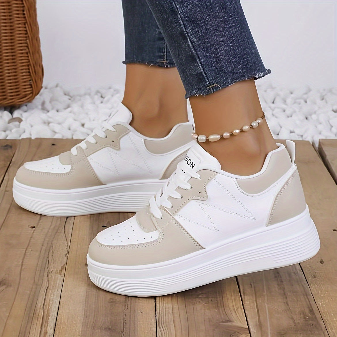 Women's White Beige Lace-Up Sneakers Synthetic Rubber Sole All-Season Casual