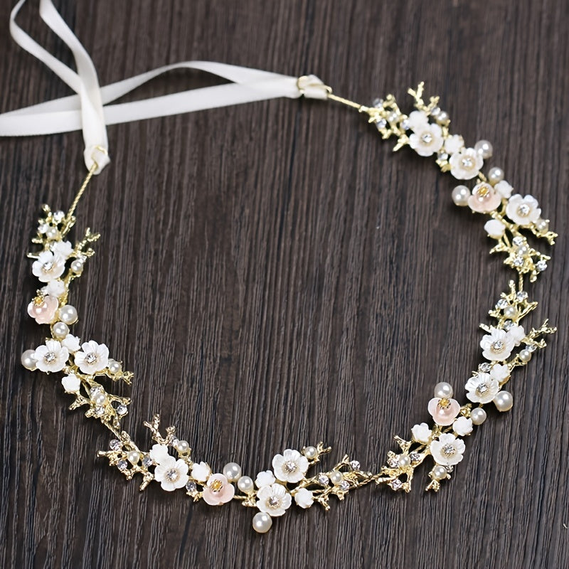 Women's Boho Rhinestone Flower Pearl Headband Wedding Hair Accessory