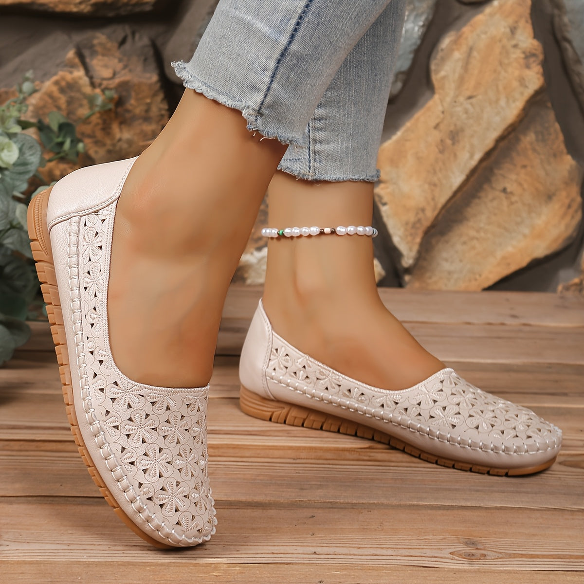 Women's White Cut-Out Slip-On Flats Synthetic Casual Shoes TPR Sole