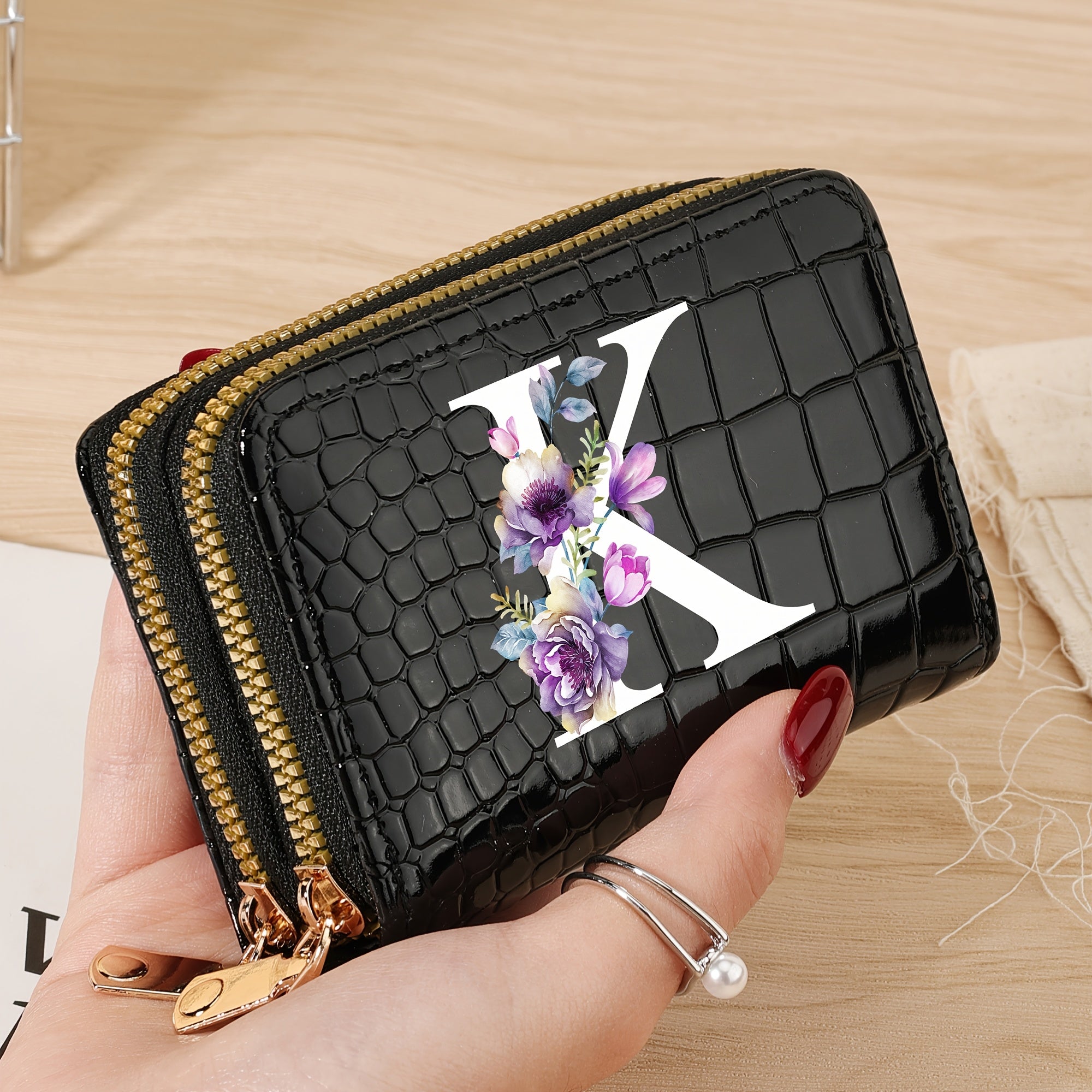 Minimalist Floral Credit Card Holder with Zipper Coin Purse for School and Back-to-School Supplies